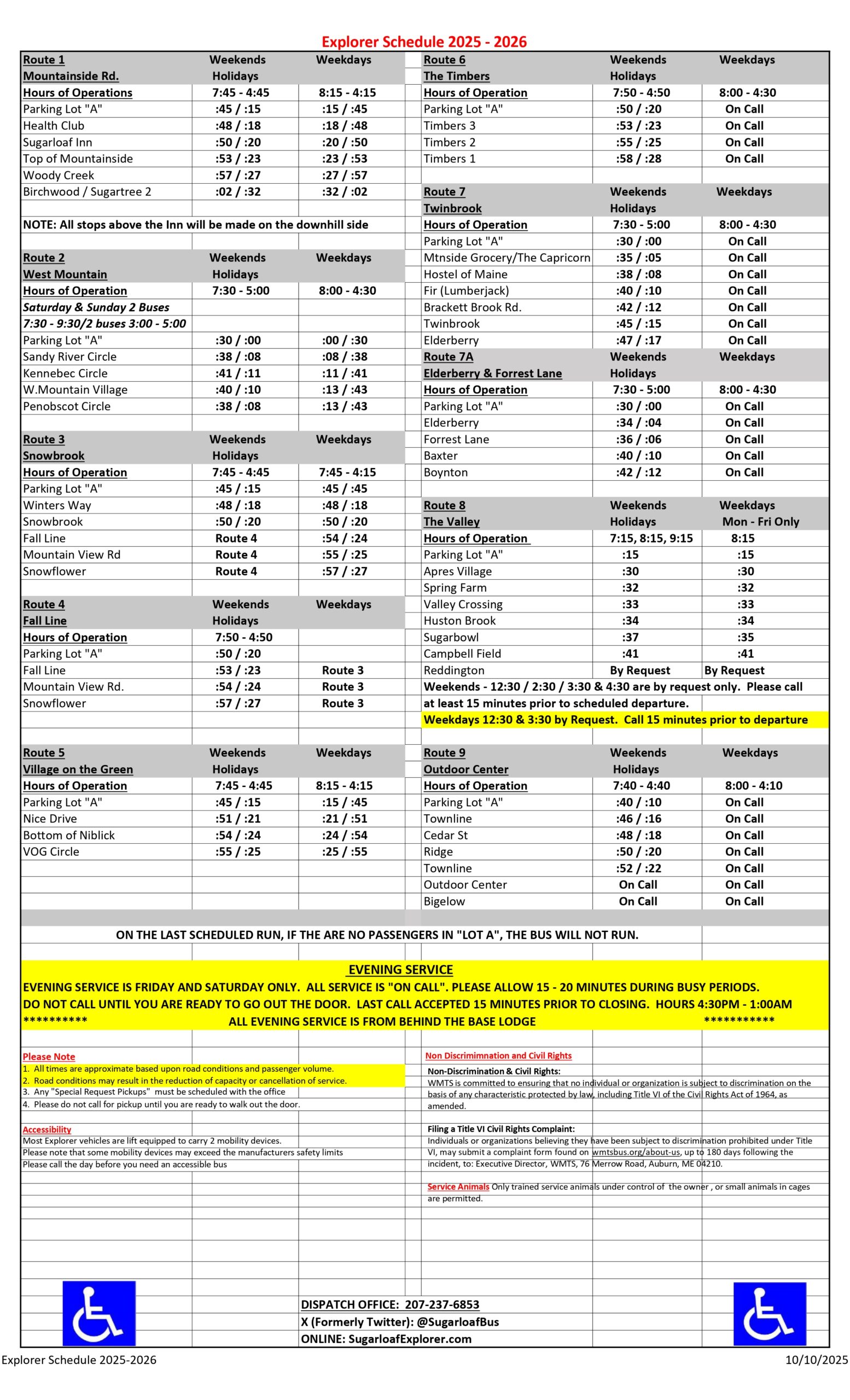 2025-2026 Sugarloaf Explorer Schedule
